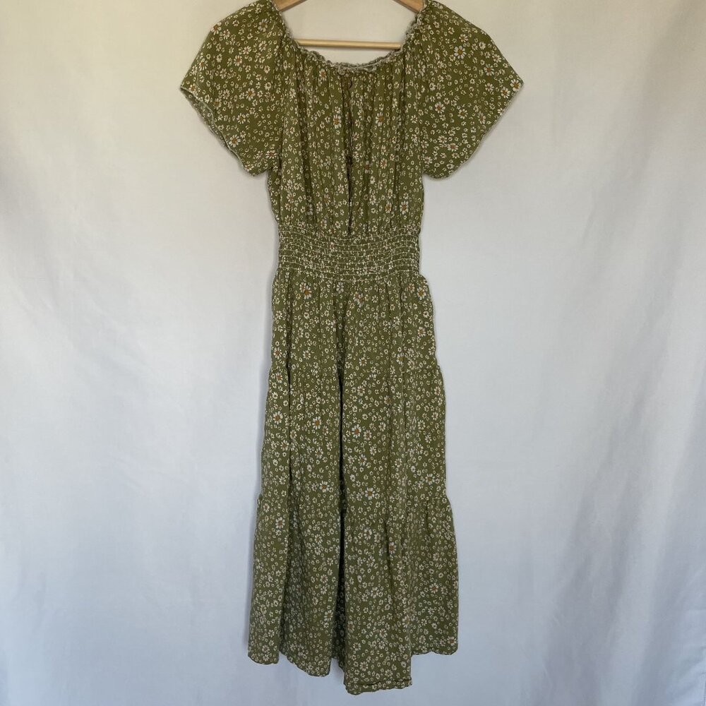 Smocked Olive Floral Midi Dress with Puff Sleeves